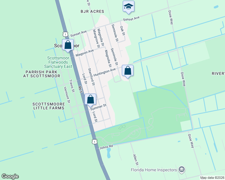 map of restaurants, bars, coffee shops, grocery stores, and more near 5795 Pine Street in Mims