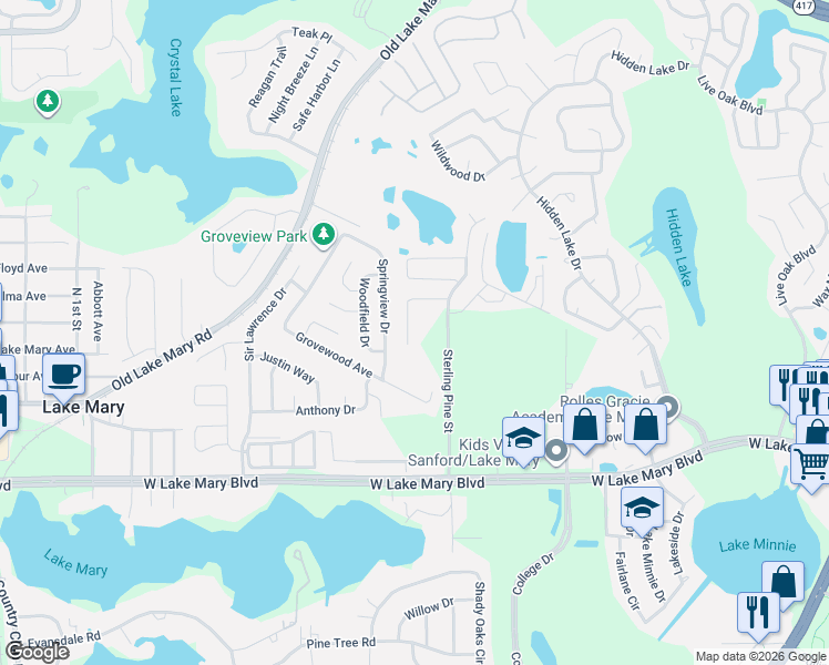 map of restaurants, bars, coffee shops, grocery stores, and more near 143 Oak View Place in Sanford