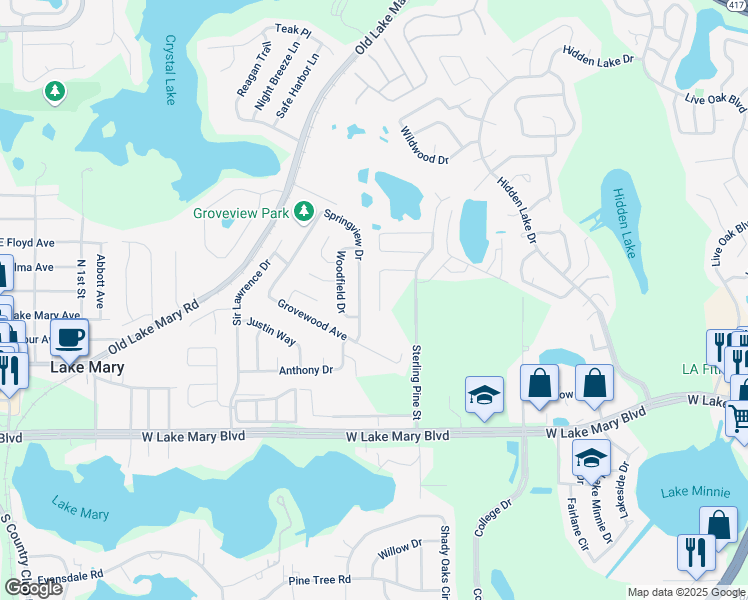 map of restaurants, bars, coffee shops, grocery stores, and more near 425 Springview Drive in Sanford