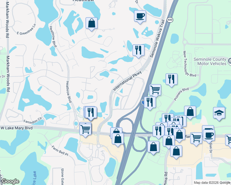 map of restaurants, bars, coffee shops, grocery stores, and more near Seminole Wekiva Trail in Lake Mary