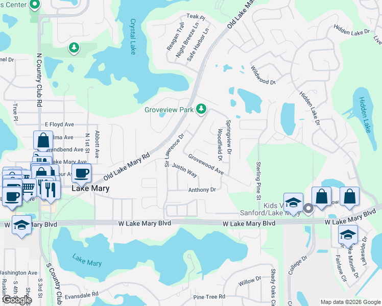 map of restaurants, bars, coffee shops, grocery stores, and more near 123 Grovewood Avenue in Sanford