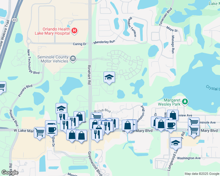 map of restaurants, bars, coffee shops, grocery stores, and more near 231 Rinehart Road in Lake Mary