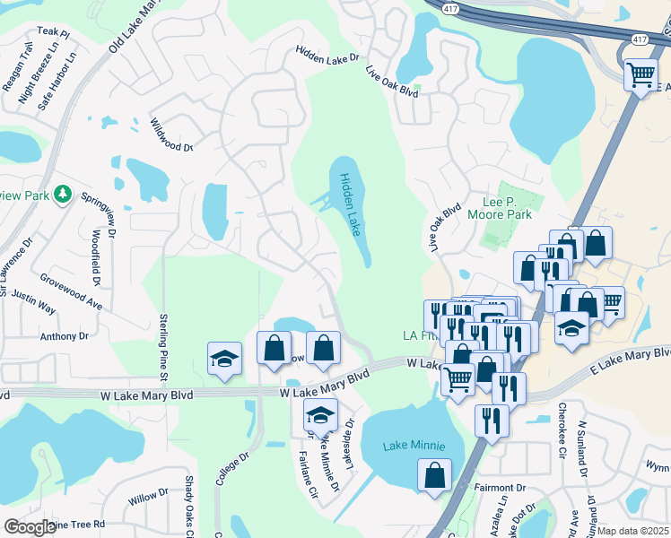 map of restaurants, bars, coffee shops, grocery stores, and more near 229 Arbor Circle in Sanford