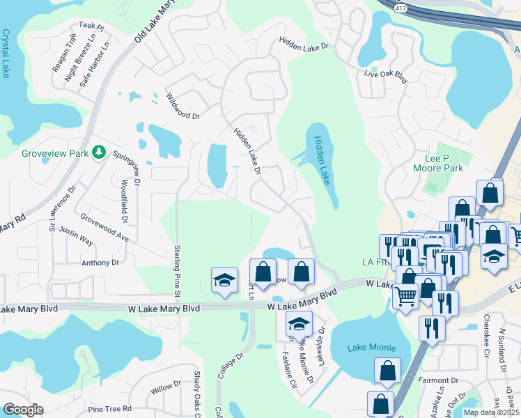 map of restaurants, bars, coffee shops, grocery stores, and more near 218 Pine Winds Drive in Sanford