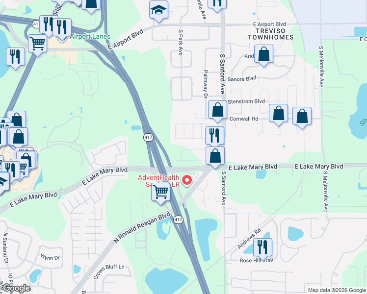 map of restaurants, bars, coffee shops, grocery stores, and more near 163 Kelly Circle in Sanford