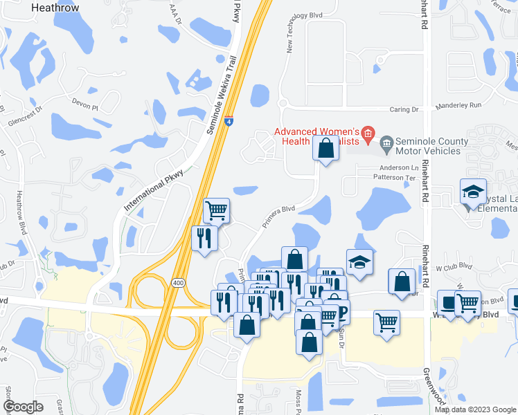map of restaurants, bars, coffee shops, grocery stores, and more near 605 Crescent Executive Court in Lake Mary