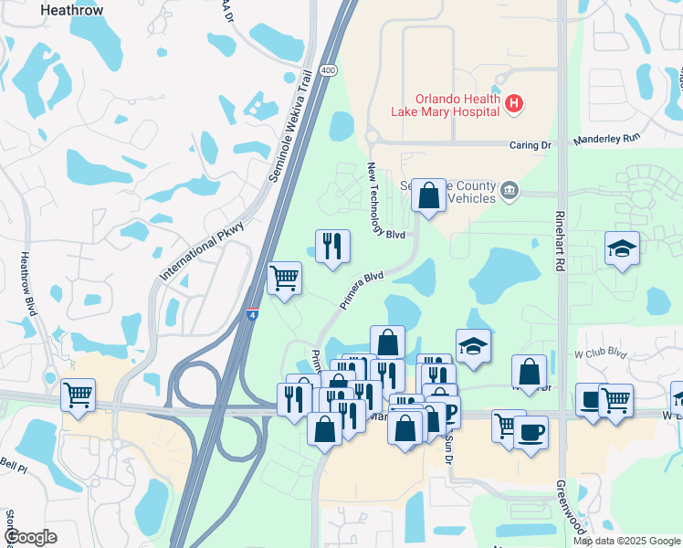 map of restaurants, bars, coffee shops, grocery stores, and more near 605 Crescent Executive Court in Lake Mary