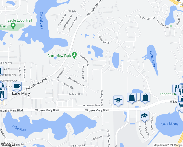 map of restaurants, bars, coffee shops, grocery stores, and more near 130 Oak View Place in Sanford