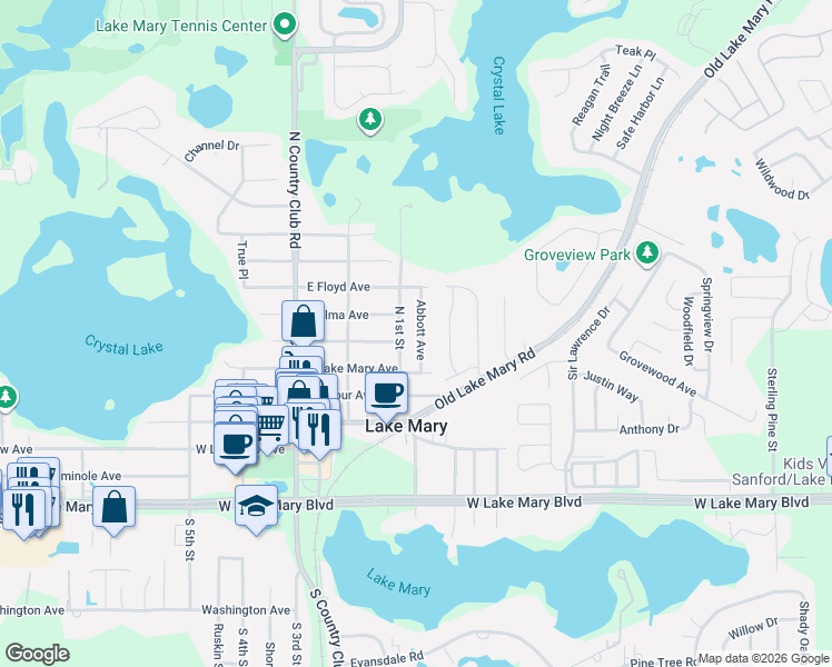 map of restaurants, bars, coffee shops, grocery stores, and more near 271 North 1st Street in Lake Mary
