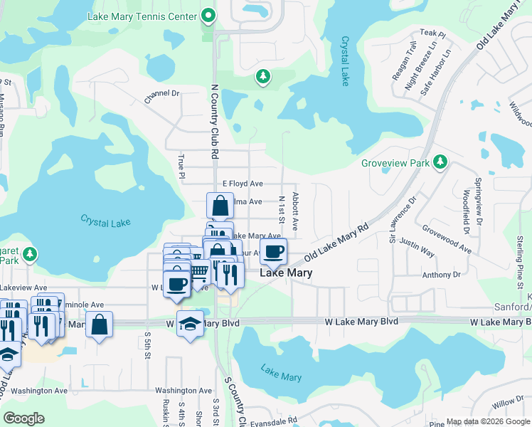 map of restaurants, bars, coffee shops, grocery stores, and more near 165 East Alma Avenue in Lake Mary