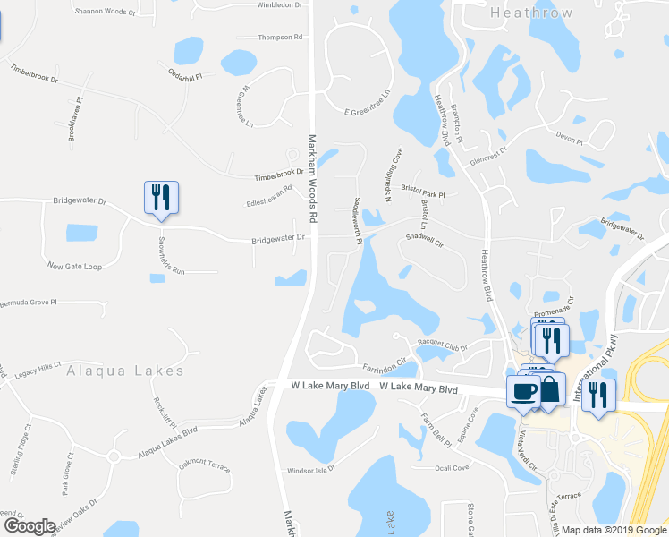 map of restaurants, bars, coffee shops, grocery stores, and more near 1561 Westover Loop in Lake Mary