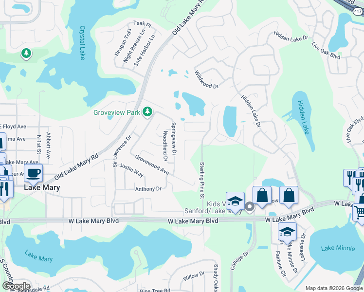 map of restaurants, bars, coffee shops, grocery stores, and more near 409 Springview Drive in Sanford