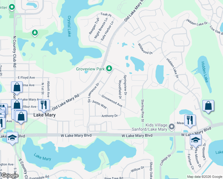 map of restaurants, bars, coffee shops, grocery stores, and more near 103 Sandpoint Court in Sanford