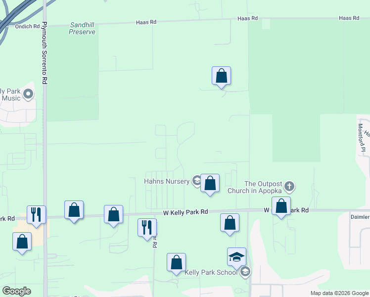 map of restaurants, bars, coffee shops, grocery stores, and more near 2617 Park Ridge Street in Apopka