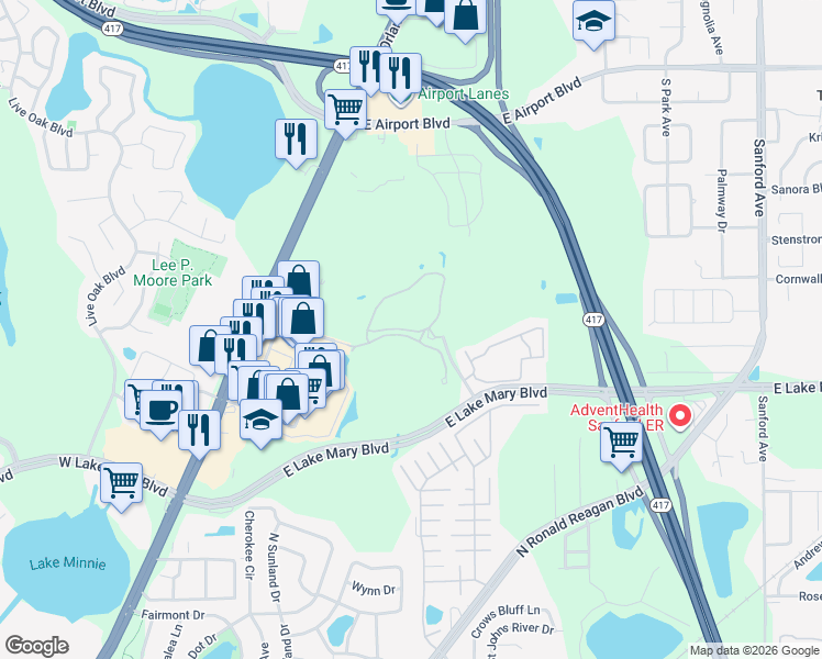 map of restaurants, bars, coffee shops, grocery stores, and more near 1000 Logan Heights Circle in Sanford