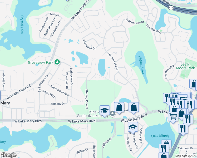 map of restaurants, bars, coffee shops, grocery stores, and more near 2047 Shalimar Loop in Sanford