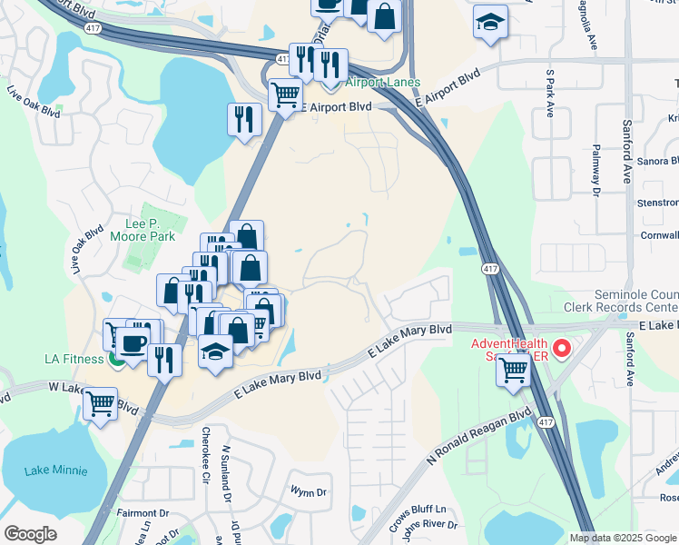 map of restaurants, bars, coffee shops, grocery stores, and more near 1000 Logan Heights Circle in Sanford