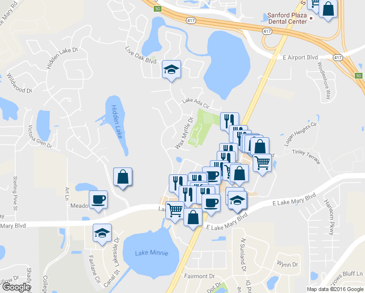 map of restaurants, bars, coffee shops, grocery stores, and more near 108 Wax Myrtle Court in Sanford