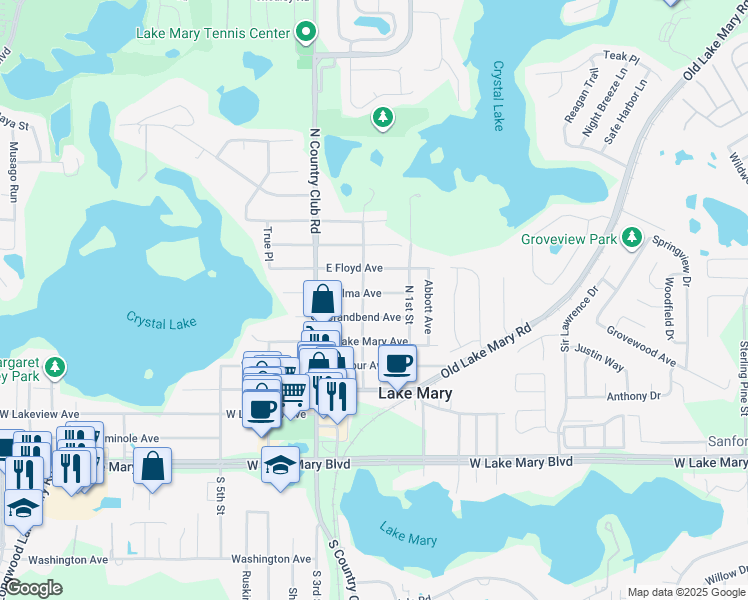 map of restaurants, bars, coffee shops, grocery stores, and more near 165 East Alma Avenue in Lake Mary