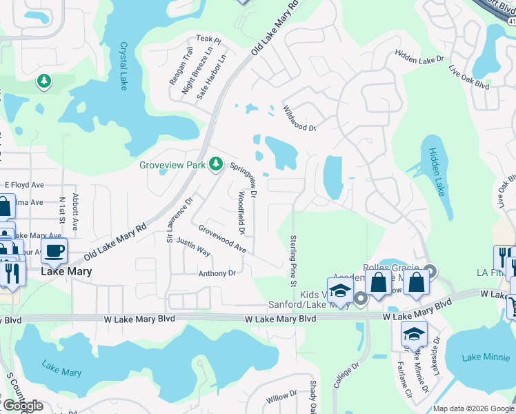 map of restaurants, bars, coffee shops, grocery stores, and more near 409 Springview Drive in Sanford