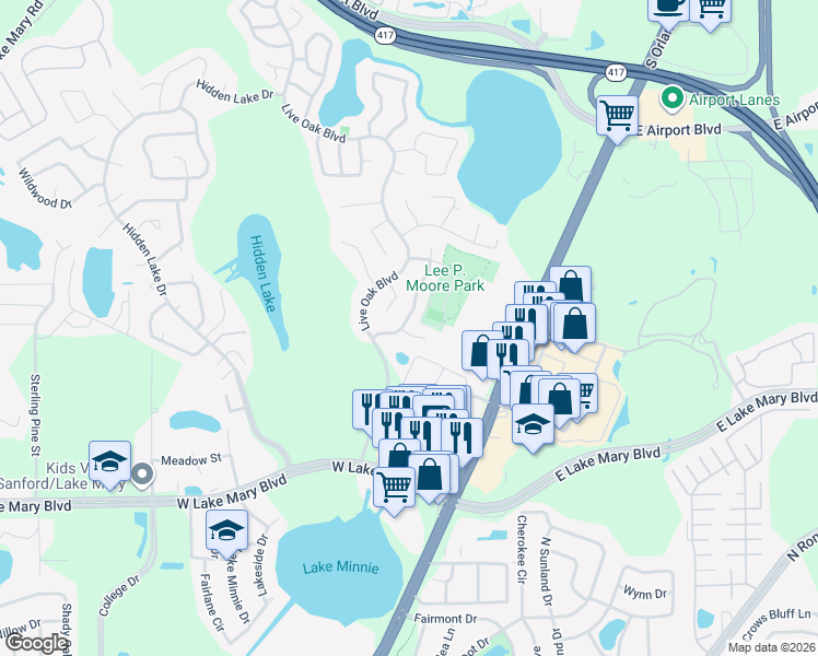 map of restaurants, bars, coffee shops, grocery stores, and more near 100 Sweet Gum Court in Sanford
