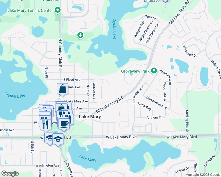 map of restaurants, bars, coffee shops, grocery stores, and more near 315 Oak Leaf Circle in Lake Mary