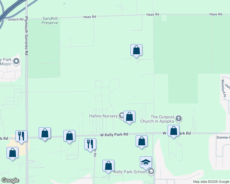 map of restaurants, bars, coffee shops, grocery stores, and more near 2617 Park Ridge Street in Apopka