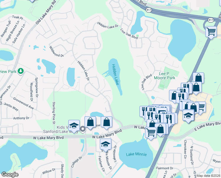 map of restaurants, bars, coffee shops, grocery stores, and more near 131 Hidden Arbor Court in Sanford