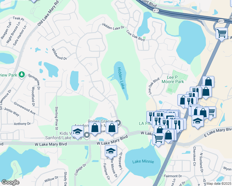 map of restaurants, bars, coffee shops, grocery stores, and more near 131 Hidden Arbor Court in Sanford
