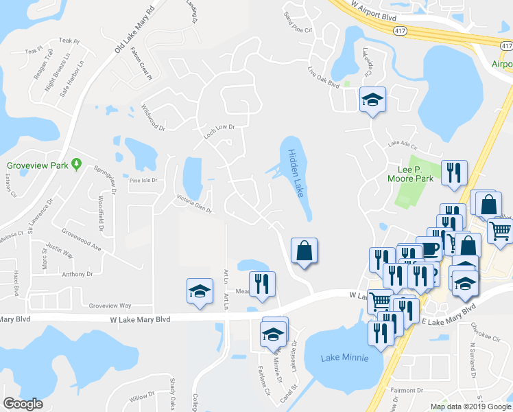 map of restaurants, bars, coffee shops, grocery stores, and more near 137 Meadow Hills Drive in Sanford