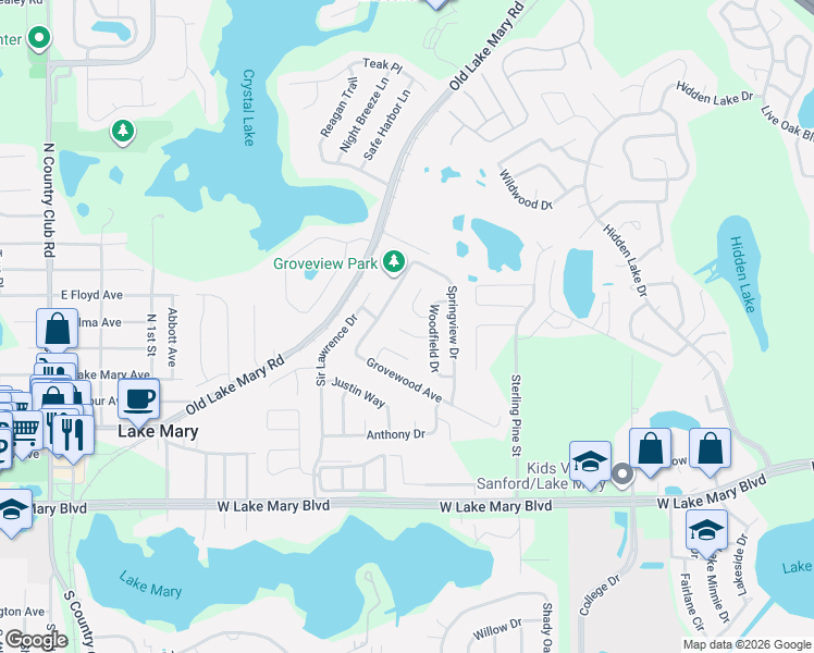 map of restaurants, bars, coffee shops, grocery stores, and more near 103 Sandpoint Court in Sanford