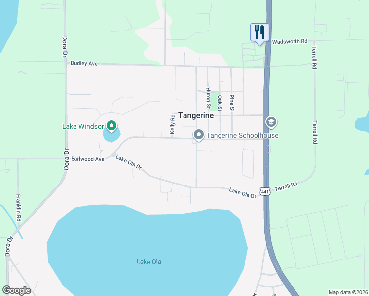 map of restaurants, bars, coffee shops, grocery stores, and more near 5400 Lake Street in Mount Dora