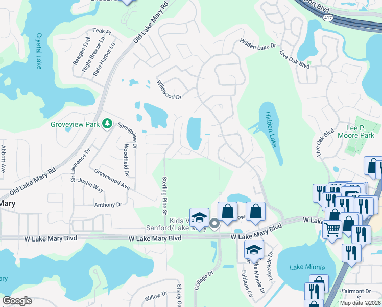 map of restaurants, bars, coffee shops, grocery stores, and more near 2089 Shalimar Loop in Sanford