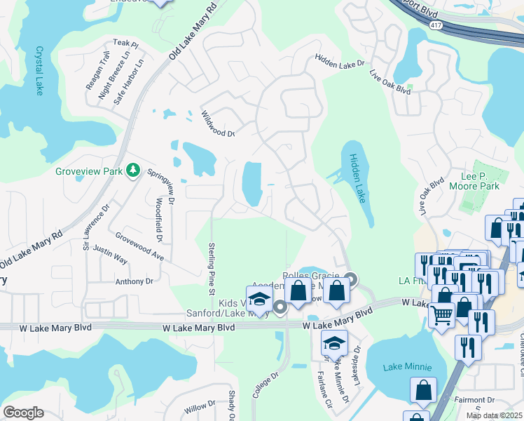 map of restaurants, bars, coffee shops, grocery stores, and more near 2108 Rookery Lane in Sanford