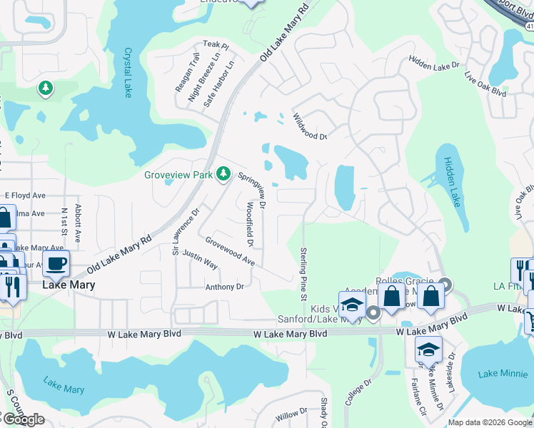map of restaurants, bars, coffee shops, grocery stores, and more near 409 Springview Drive in Sanford