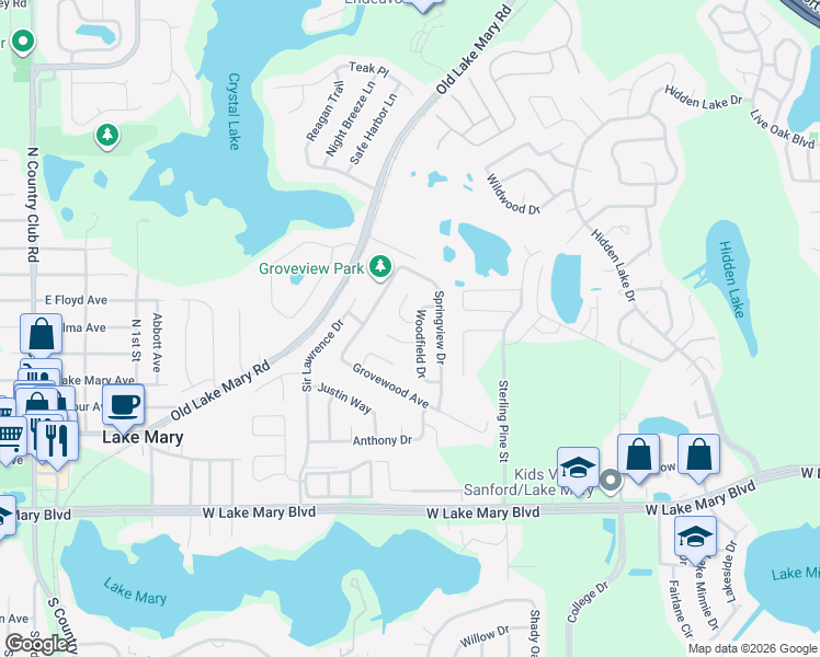 map of restaurants, bars, coffee shops, grocery stores, and more near 103 Sandpoint Court in Sanford