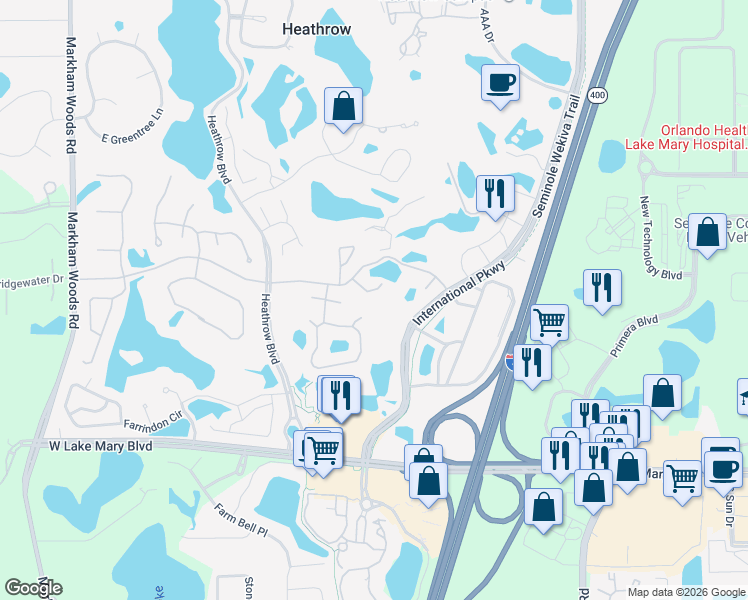 map of restaurants, bars, coffee shops, grocery stores, and more near 308 Lake Brittany Court in Lake Mary
