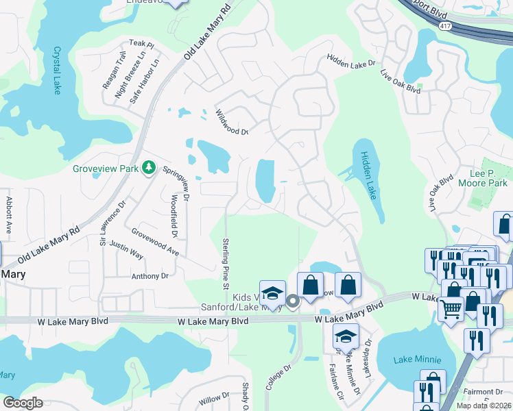map of restaurants, bars, coffee shops, grocery stores, and more near 2089 Shalimar Loop in Sanford