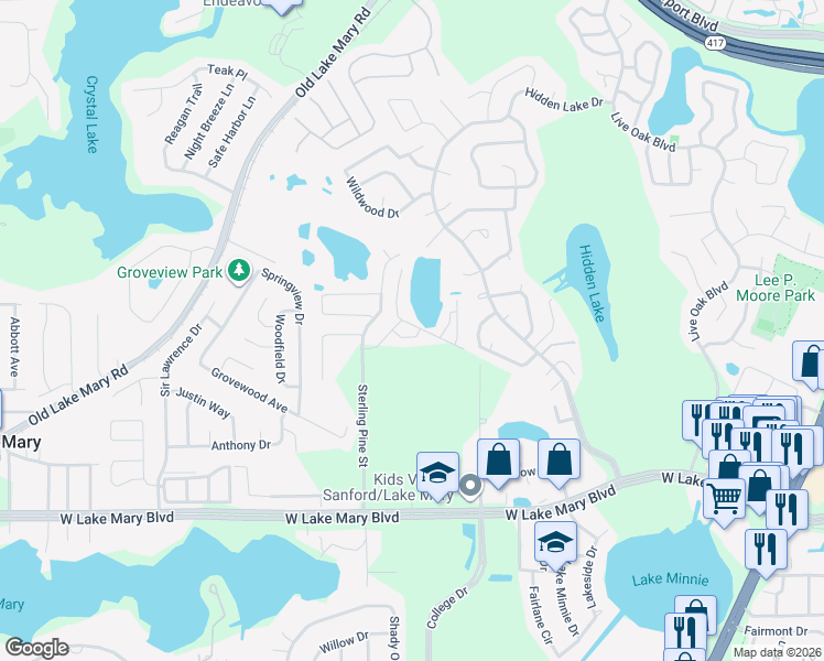 map of restaurants, bars, coffee shops, grocery stores, and more near 2121 Victoria Glen Drive in Sanford