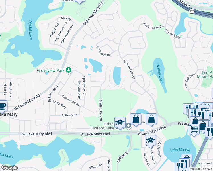 map of restaurants, bars, coffee shops, grocery stores, and more near 1032 Laurel Ridge Lane in Sanford