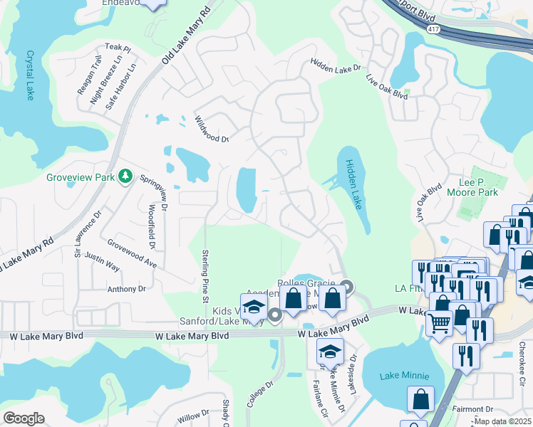 map of restaurants, bars, coffee shops, grocery stores, and more near 2217 Brookridge Trail in Sanford