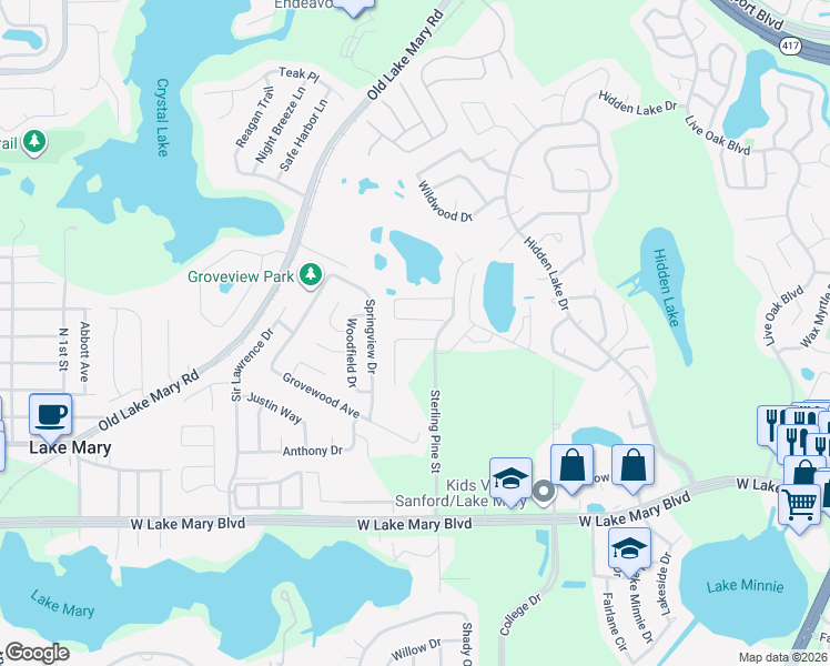 map of restaurants, bars, coffee shops, grocery stores, and more near 108 Oak View Place in Sanford