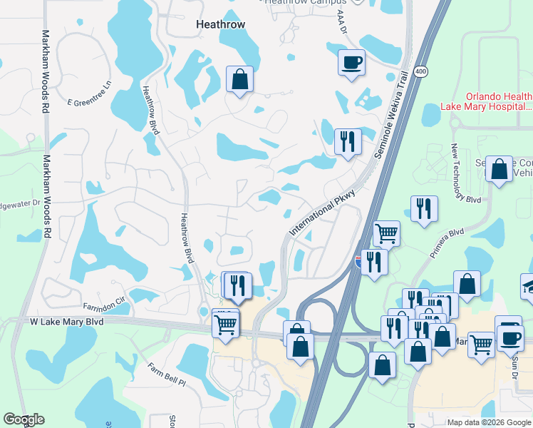 map of restaurants, bars, coffee shops, grocery stores, and more near 308 Lake Brittany Court in Lake Mary