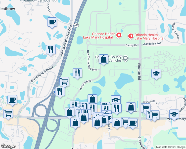 map of restaurants, bars, coffee shops, grocery stores, and more near 300 Primera Boulevard in Lake Mary