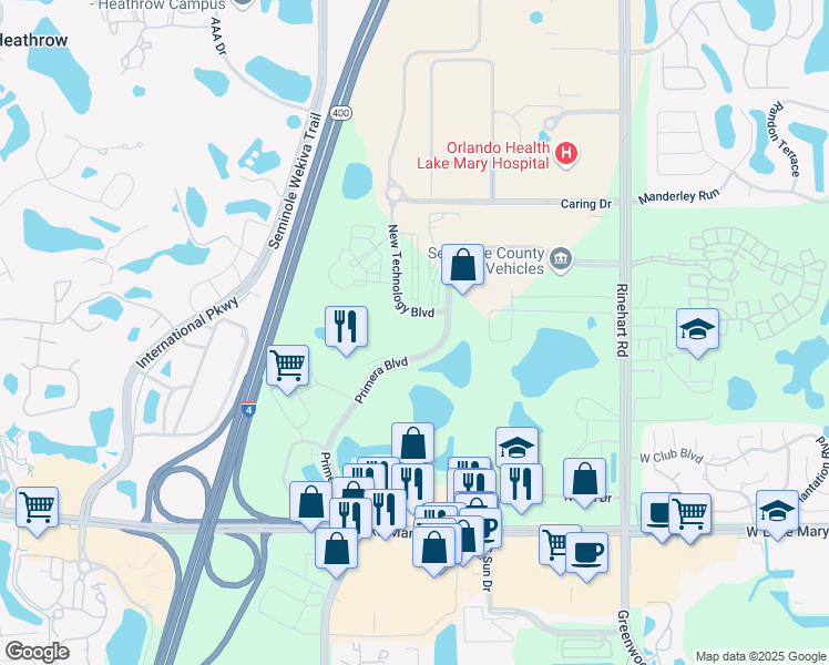 map of restaurants, bars, coffee shops, grocery stores, and more near 300 Primera Boulevard in Lake Mary