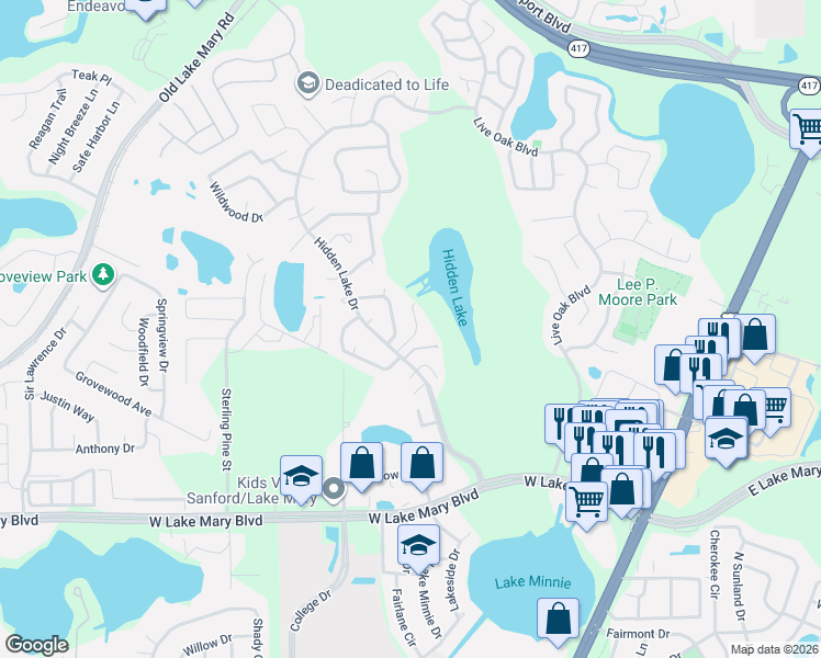 map of restaurants, bars, coffee shops, grocery stores, and more near 203 Meadow Hills Drive in Sanford