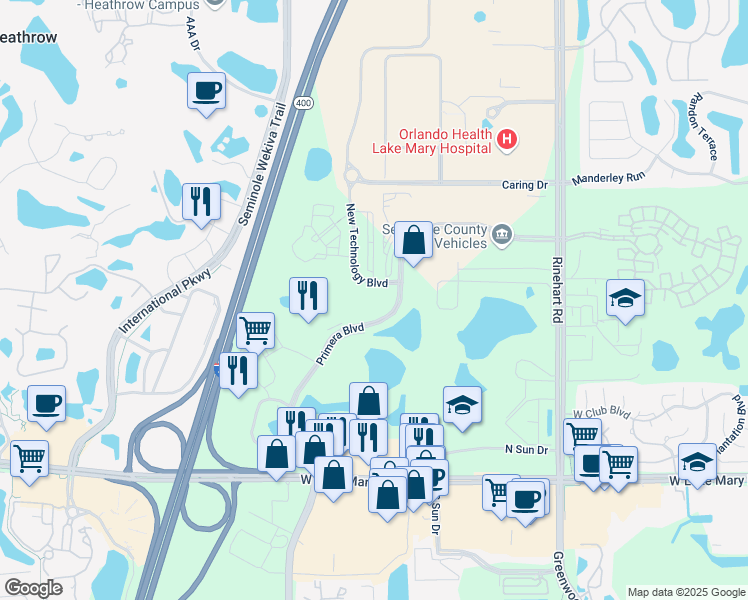 map of restaurants, bars, coffee shops, grocery stores, and more near 300 Primera Boulevard in Lake Mary