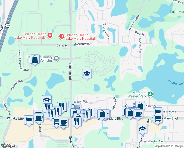 map of restaurants, bars, coffee shops, grocery stores, and more near 1220 Lobelia Drive in Lake Mary