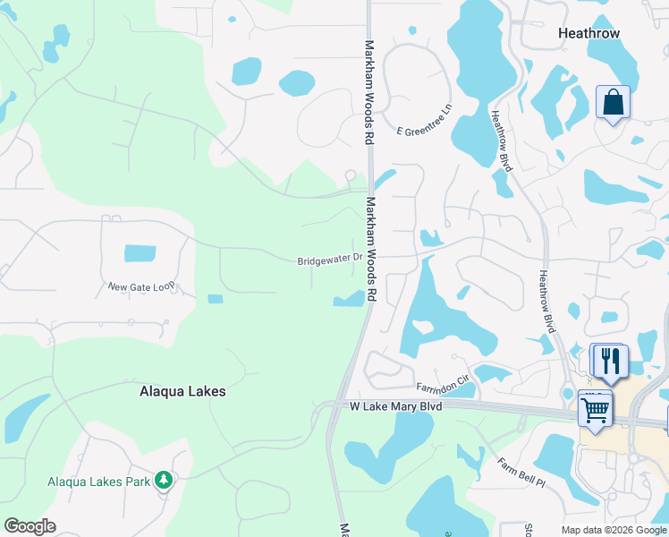 map of restaurants, bars, coffee shops, grocery stores, and more near 1611 Bridgewater Drive in Lake Mary