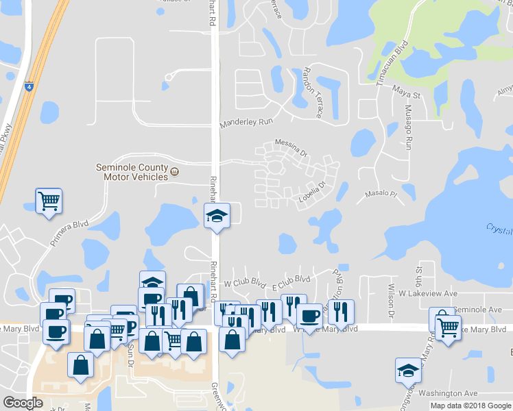map of restaurants, bars, coffee shops, grocery stores, and more near 1036 Parma Circle in Lake Mary
